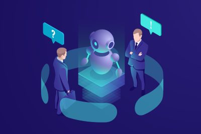 Artificial intelligence ai robot gives recommendation, human get automated response from chatbot, business consulting system, isometric vector neon dark